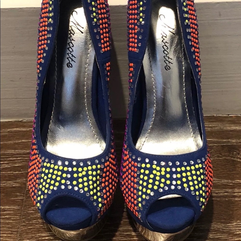 BLUE OPEN TOE NEON STUDDED PLATFORM HEELS SZ 5.5